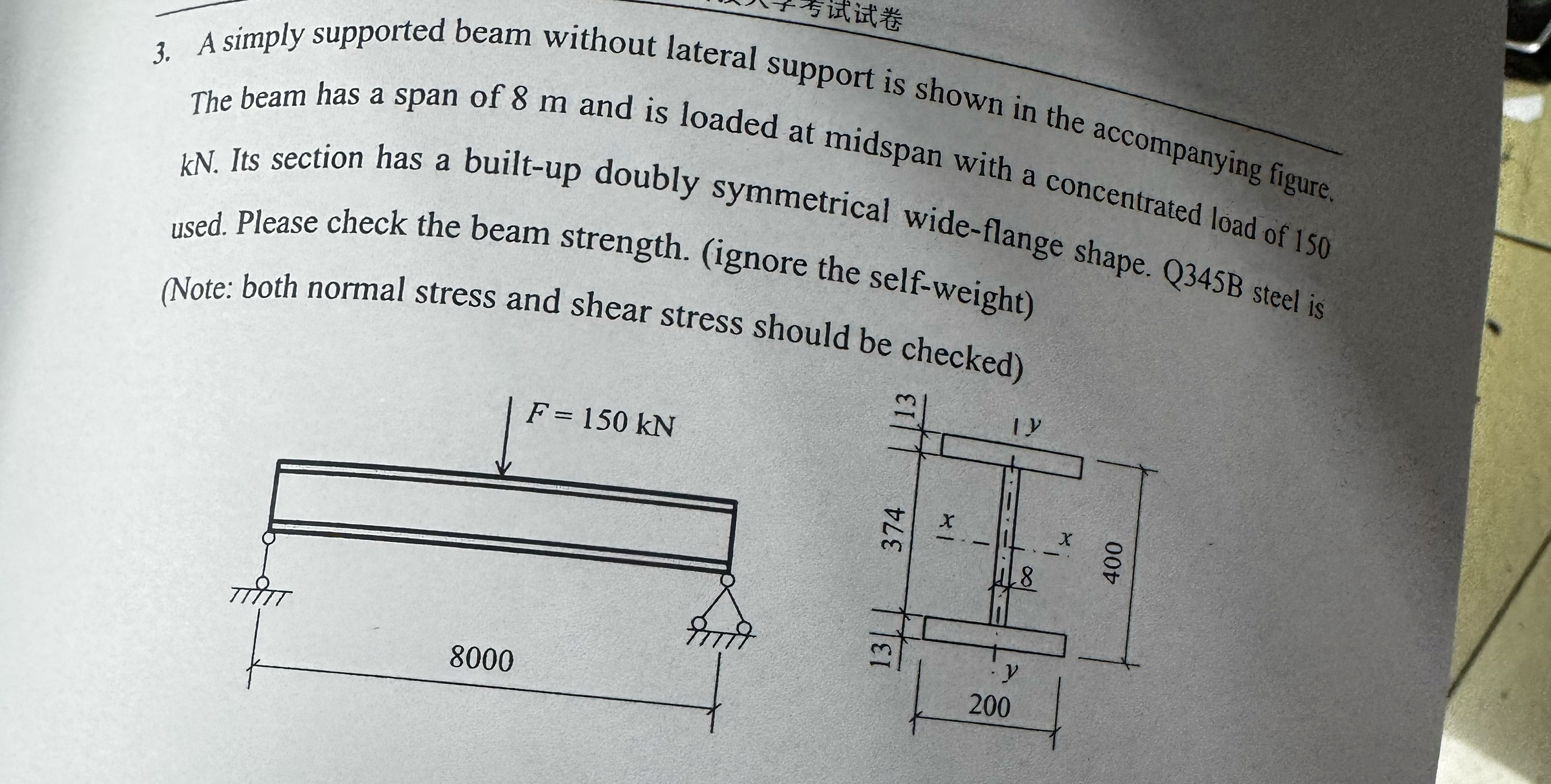 A simply supported beam without lateral support