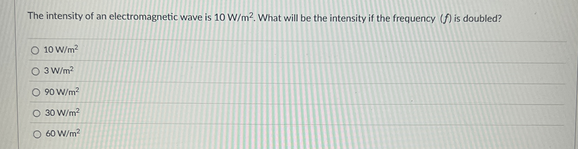 The intensity of an electromagnetic wave is 1 0 W