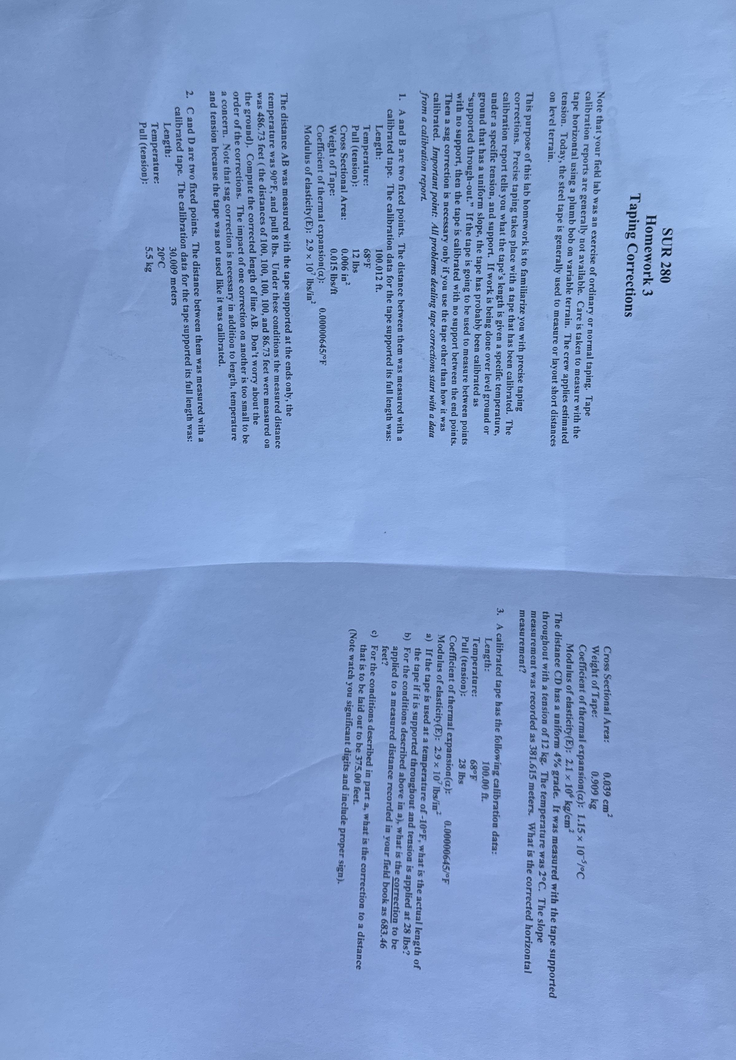 SUR 2 8 0 Homework 3 Taping Corrections Note that