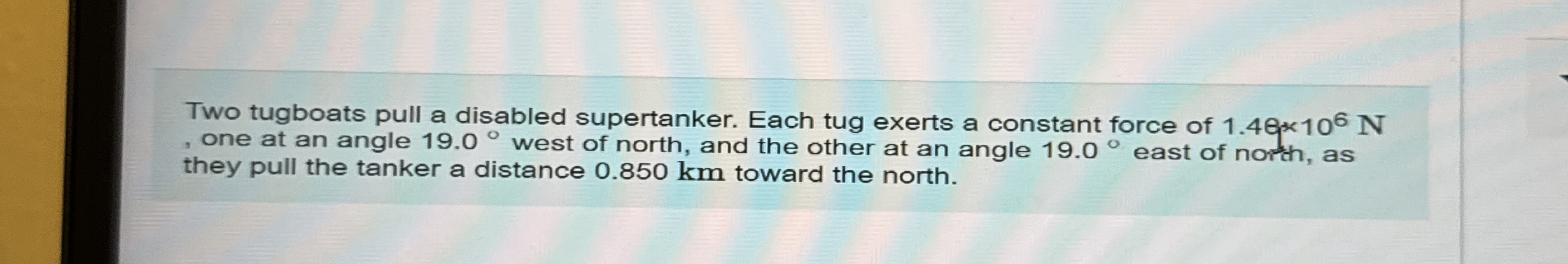 Two tugboats pull a disabled supertanker. Each