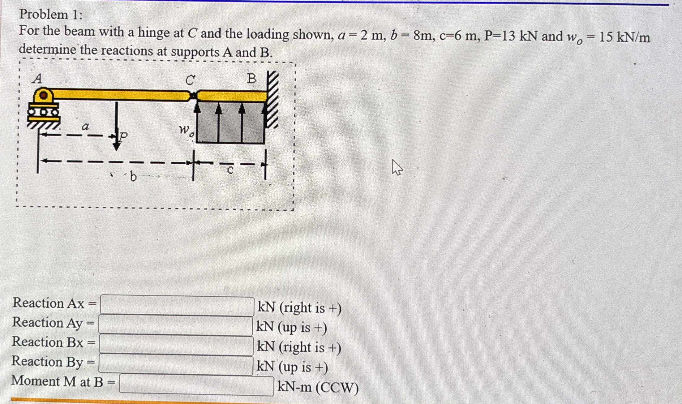 Problem 1 : For the beam with a hinge at C and