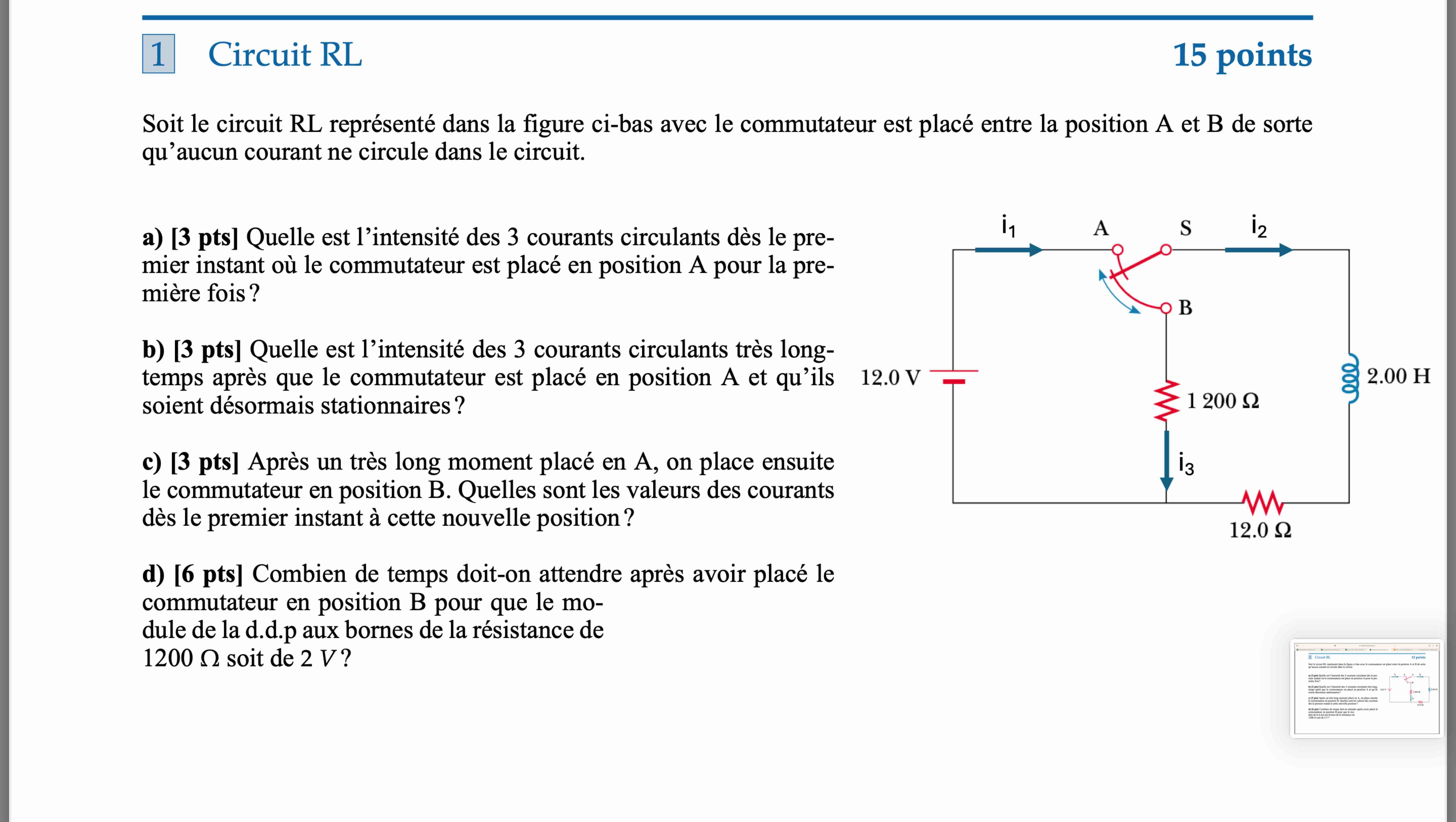 Show me the steps to solve 1 Circuit RL Soit le