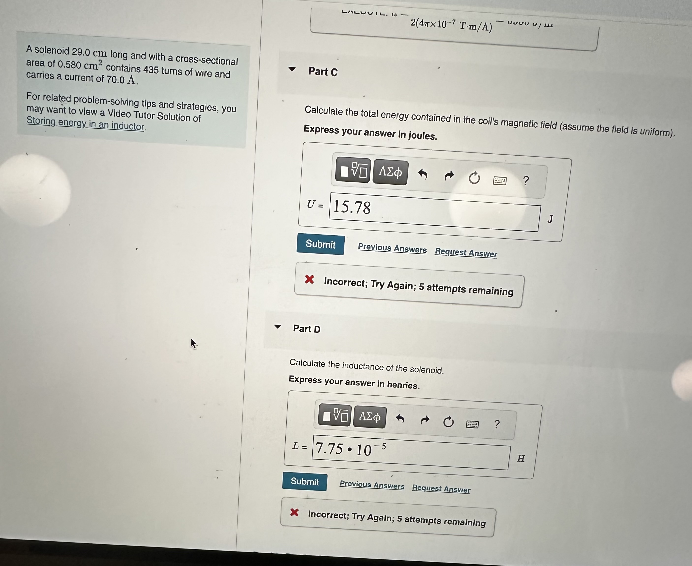 A solenoid 2 9 . 0 cm long and with a cross -
