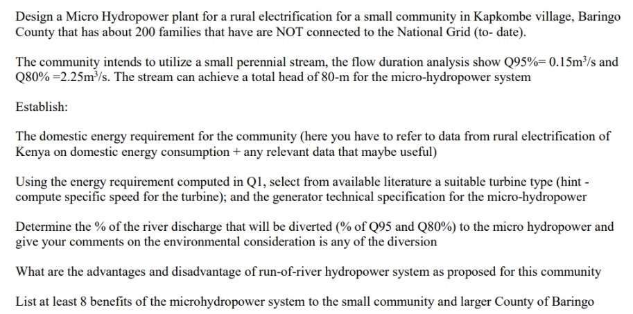 Design a Micro Hydropower plant for a rural