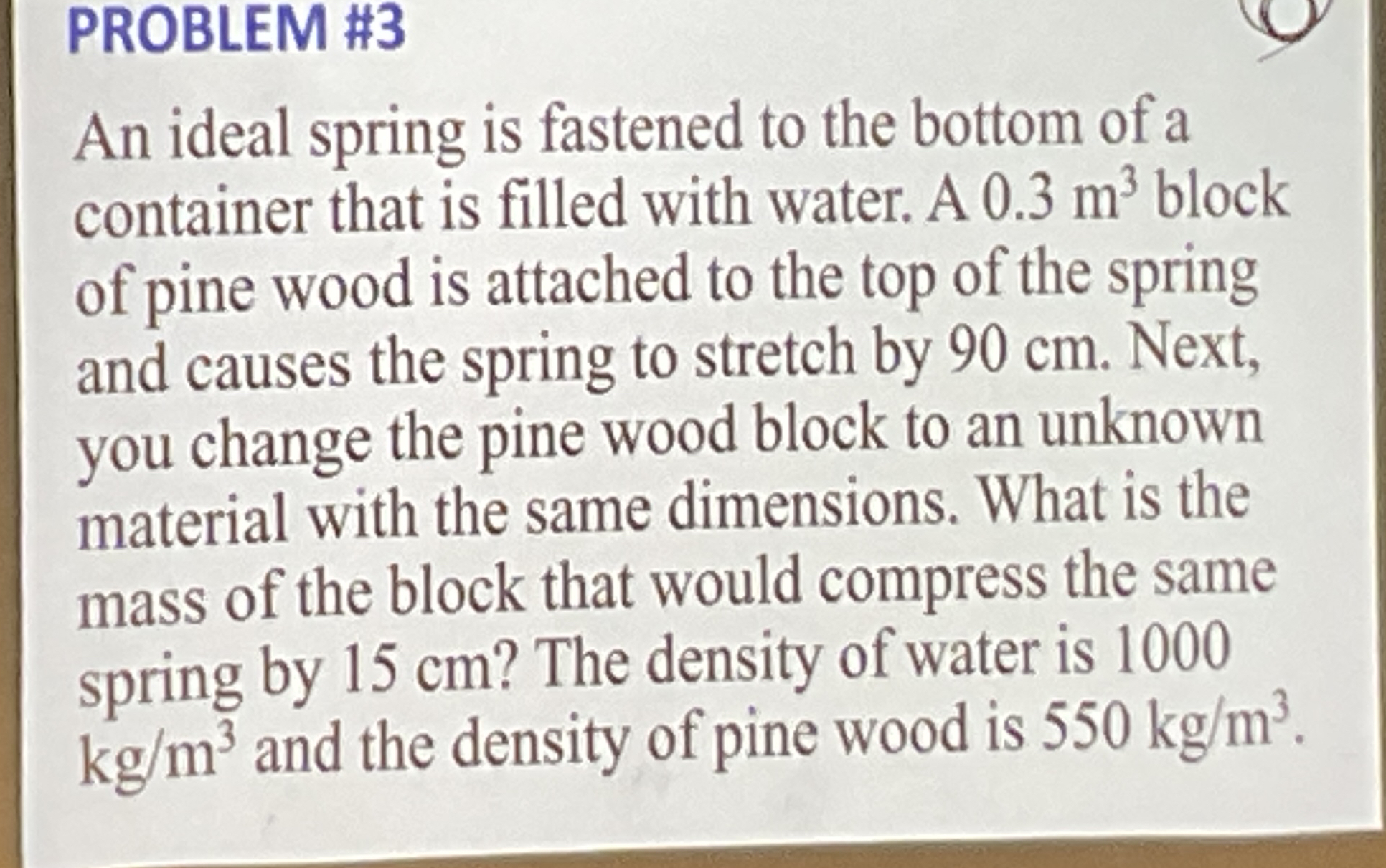 PROBLEM # 3 An ideal spring is fastened to the