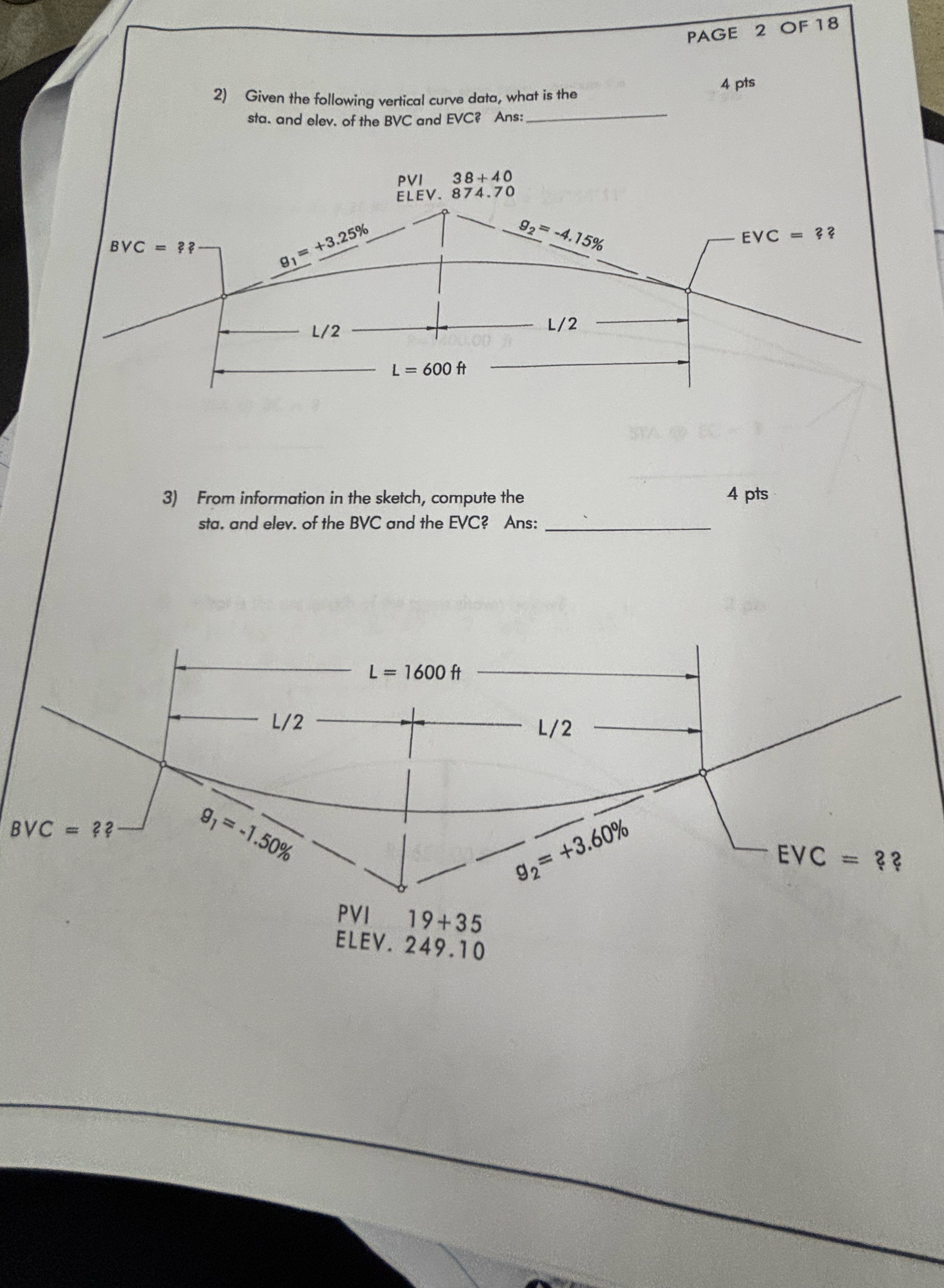 PAGE 2 OF 1 8 Given the following vertical curve