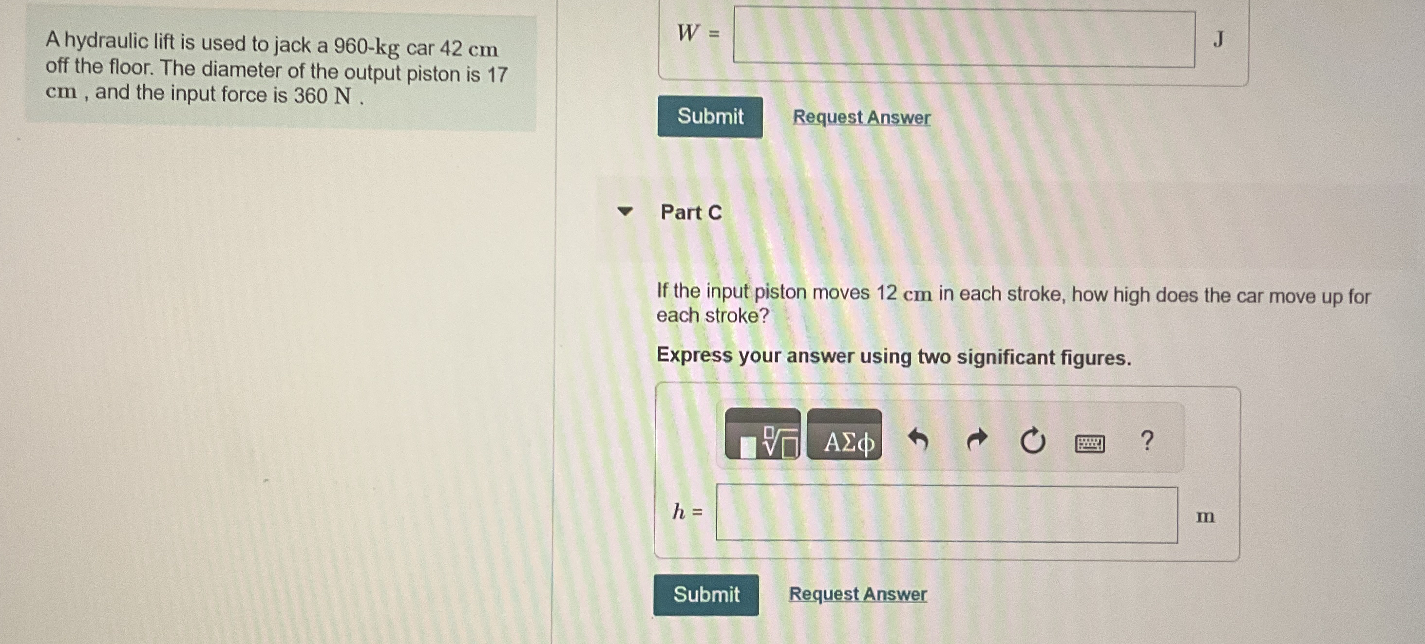 A hydraulic lift is used to jack a 9 6 0 - k g