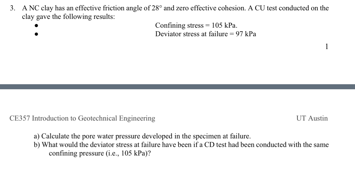 A NC clay has an effective friction angle of 2 8