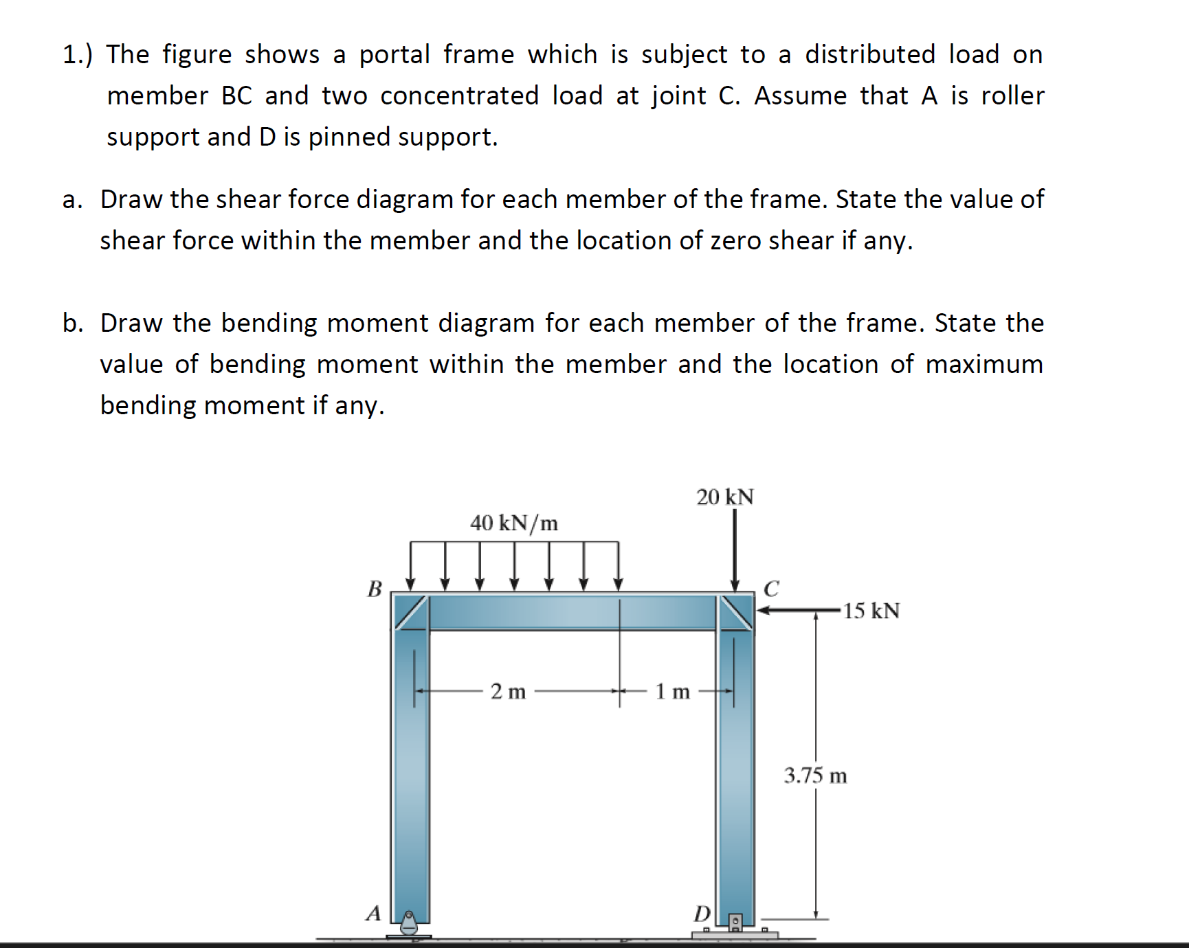 1 . ) The figure shows a portal frame which is
