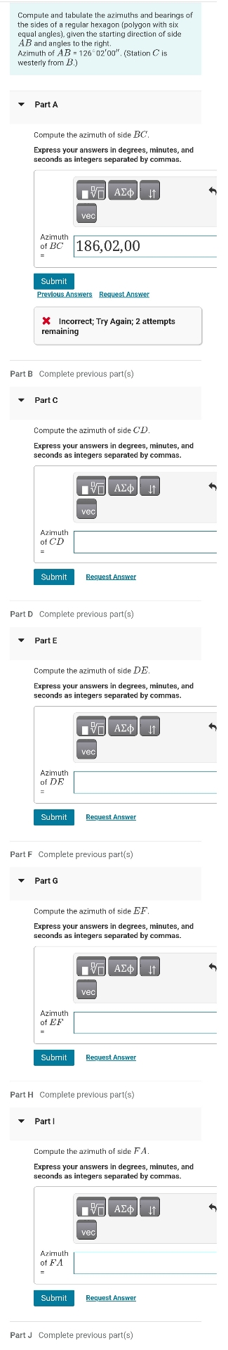 Compute and tabulate the azimuths and bearings