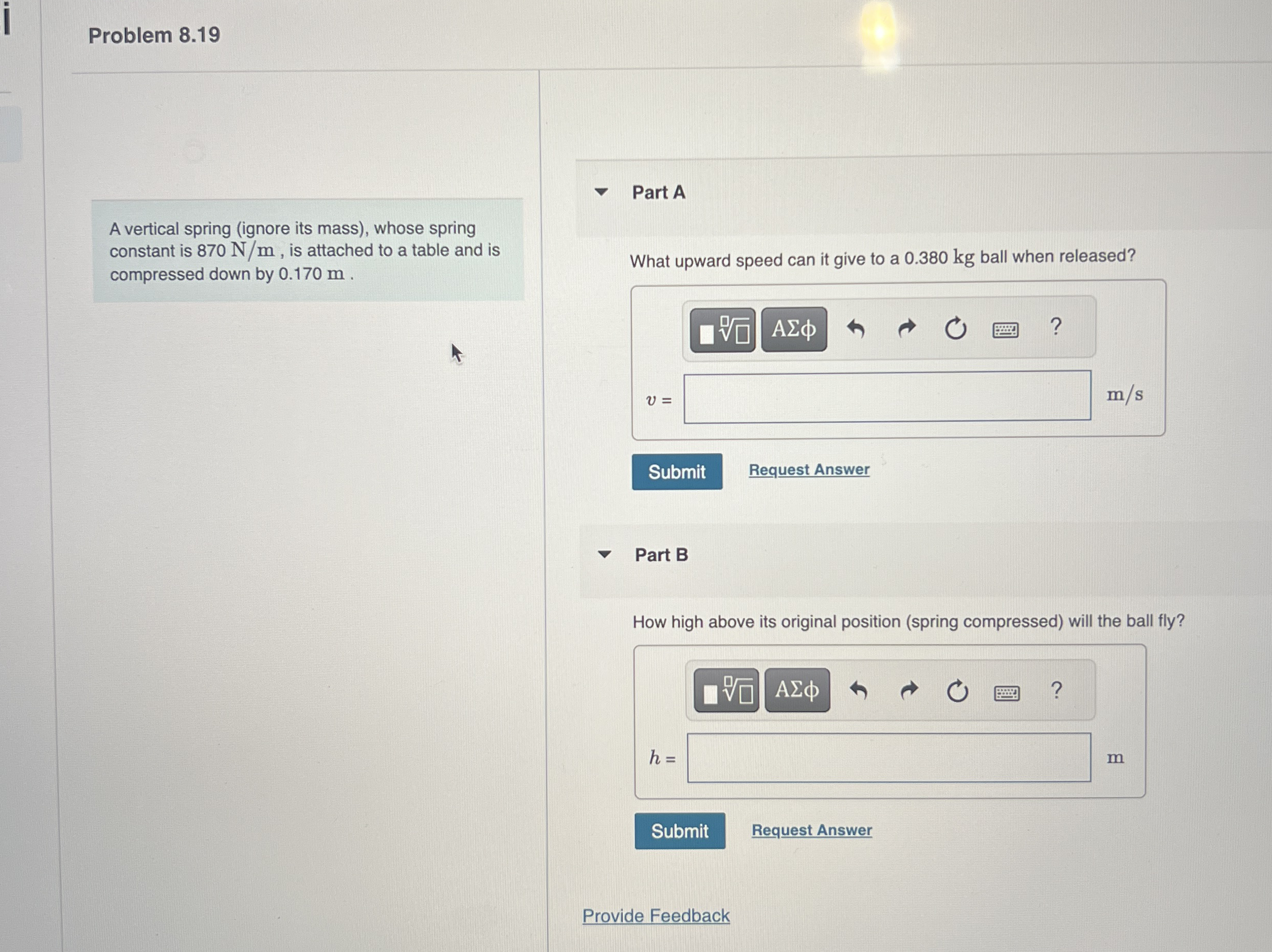 Problem 8 . 1 9 A vertical spring ( ignore its