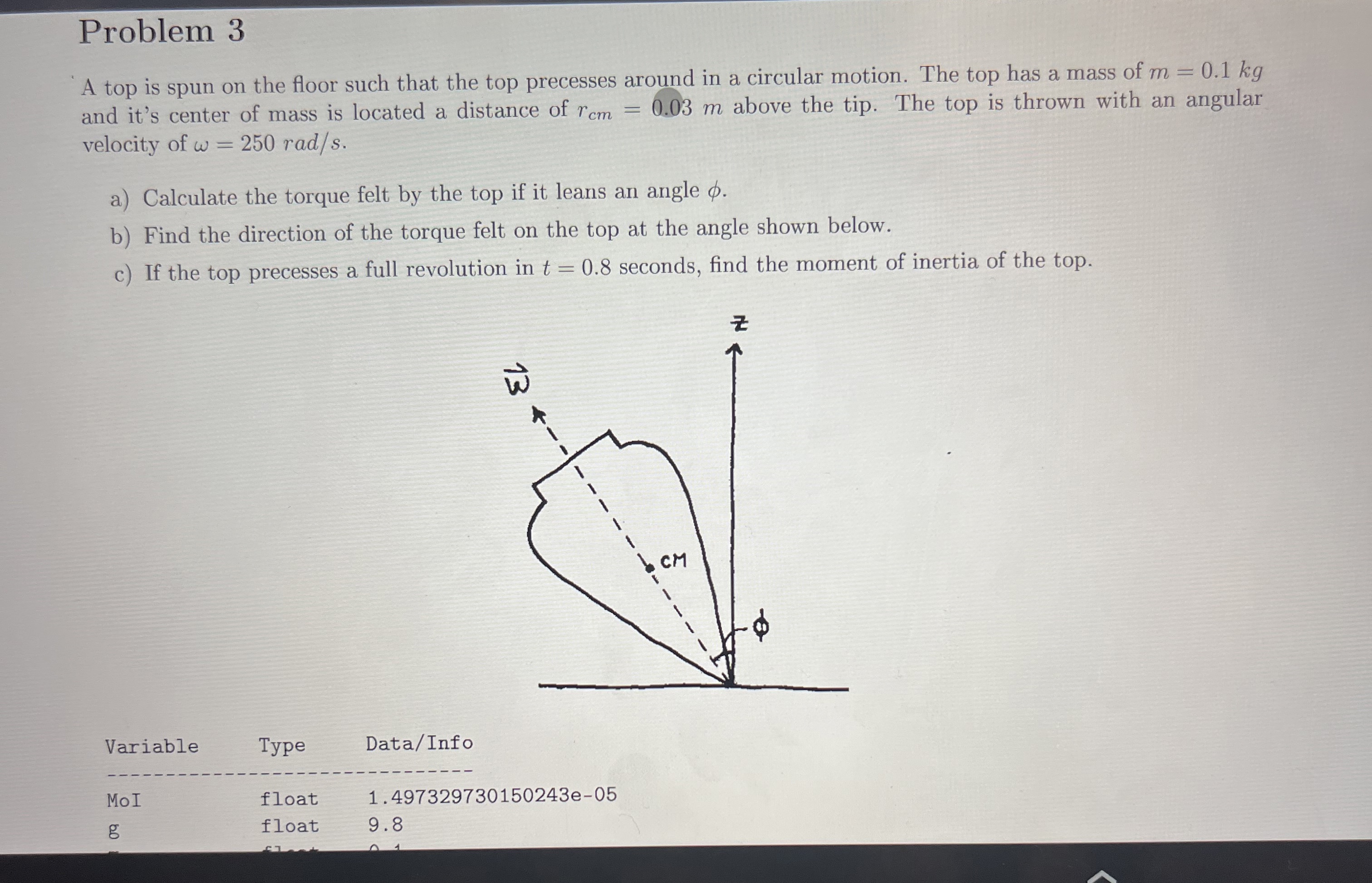 Problem 3 A top is spun on the floor such that