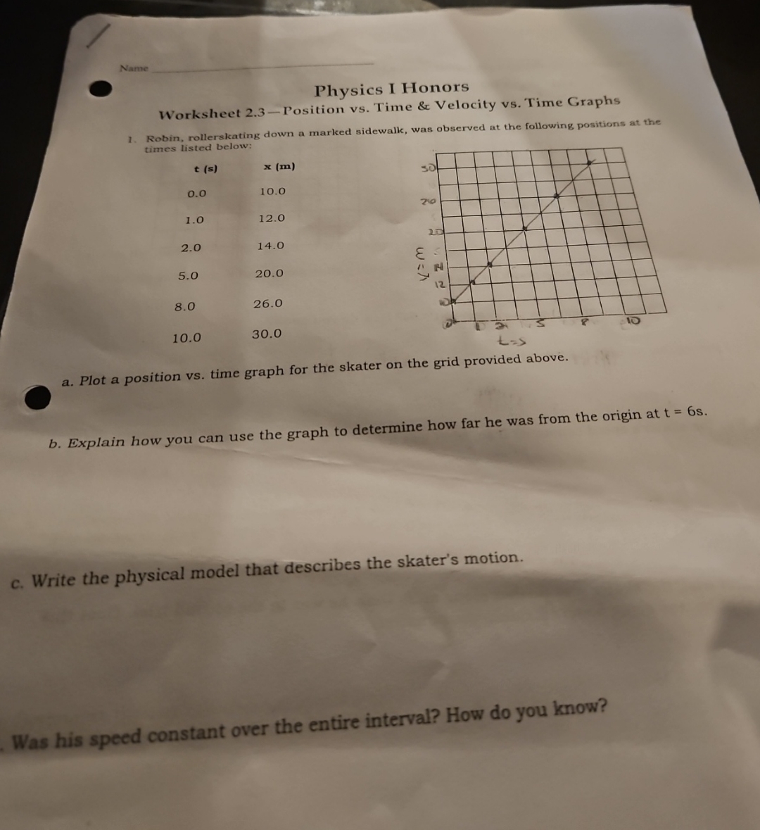Name Physics I Honors Worksheet 2 . 3 - Position
