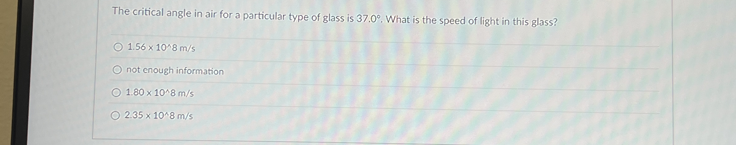 The critical angle in air for a particular type
