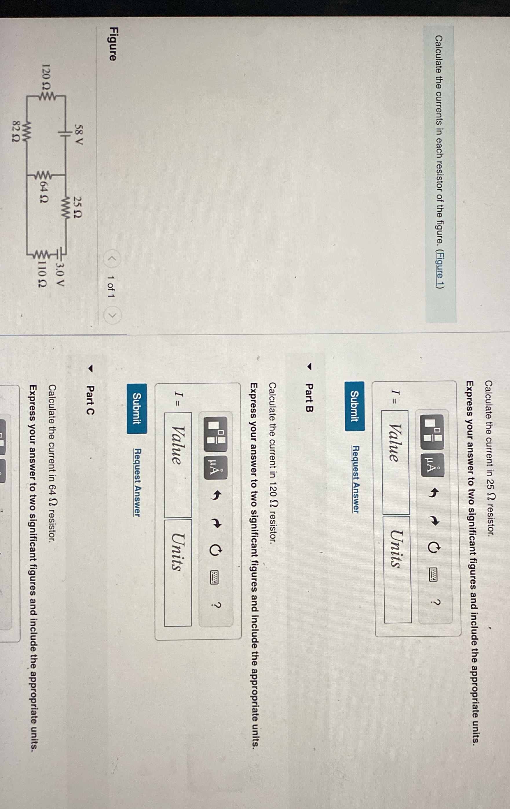 Calculate the currents in each resistor of the