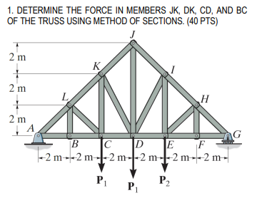 DETERMINE THE FORCE IN MEMBERS JK , DK , CD , AND