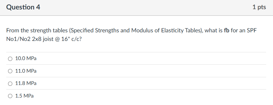 Question 4 From the strength tables ( Specified