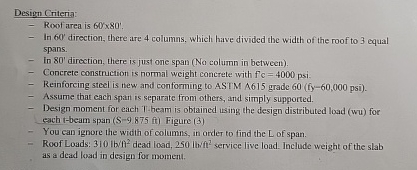 Design Griteria: Roofarea is 6 0 \ times 8 0 ' .