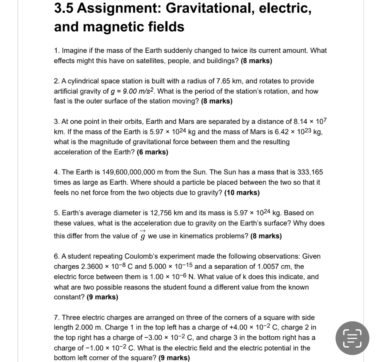 3 . 5 Assignment: Gravitational, electric, and