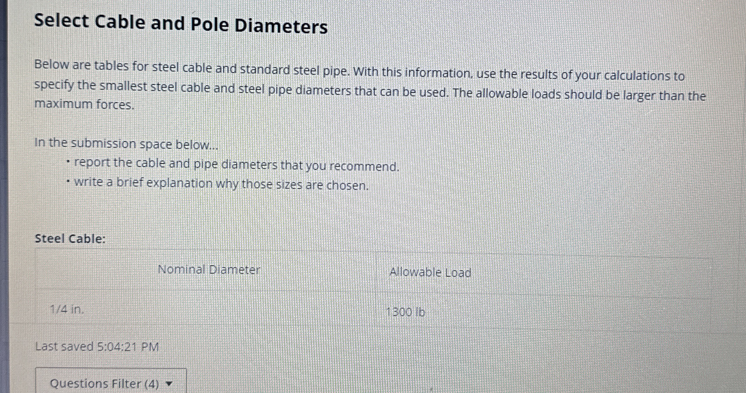 Select Cable and Pole Diameters Below are tables