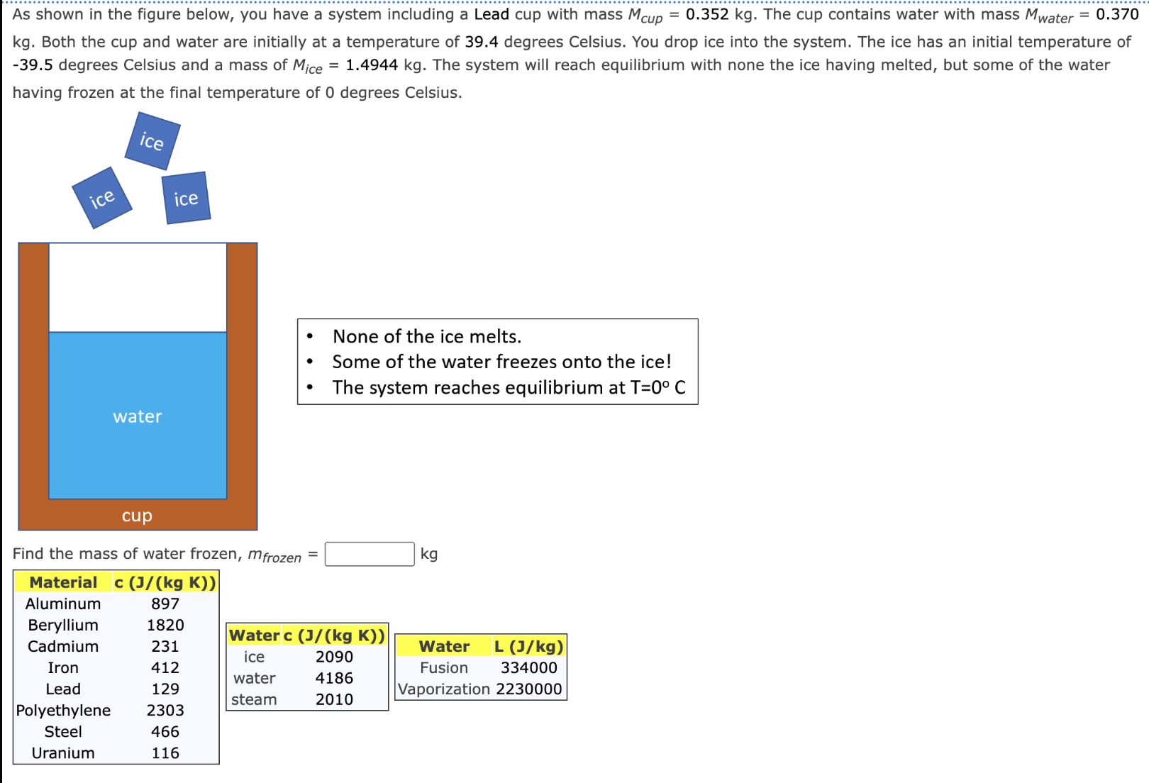 find the mass of the water frozen, m frozen