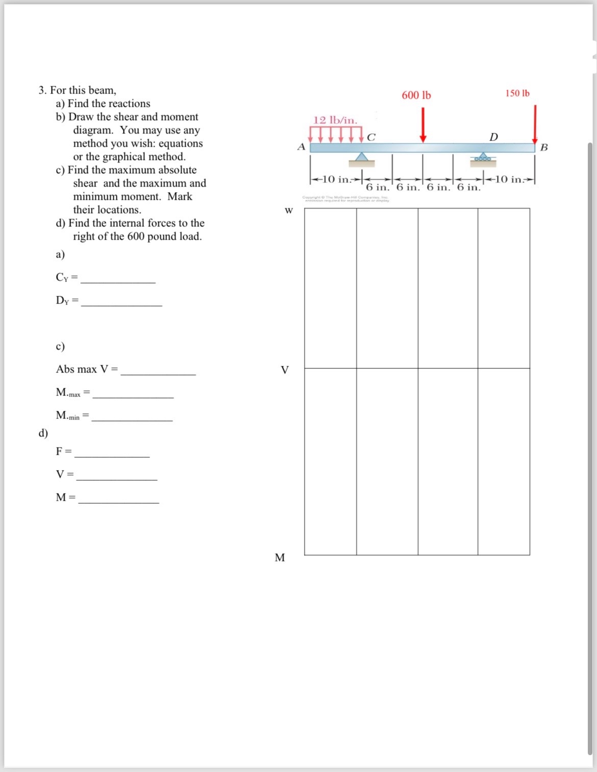 For this beam, a ) Find the reactions b ) Draw