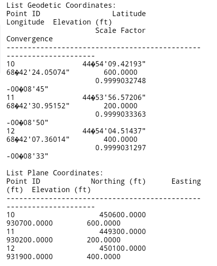 List Geodetic Coordinates: Point ID Latitude