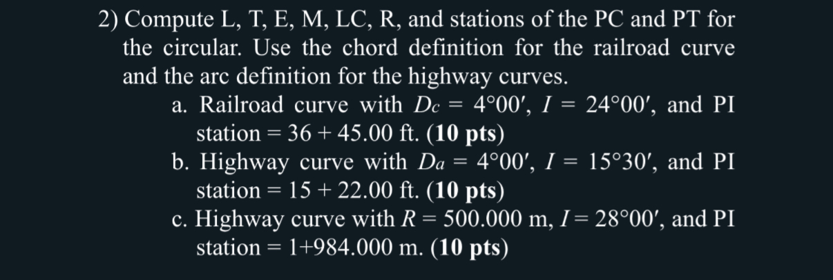 Compute L , T , E , M , LC , R , and stations of