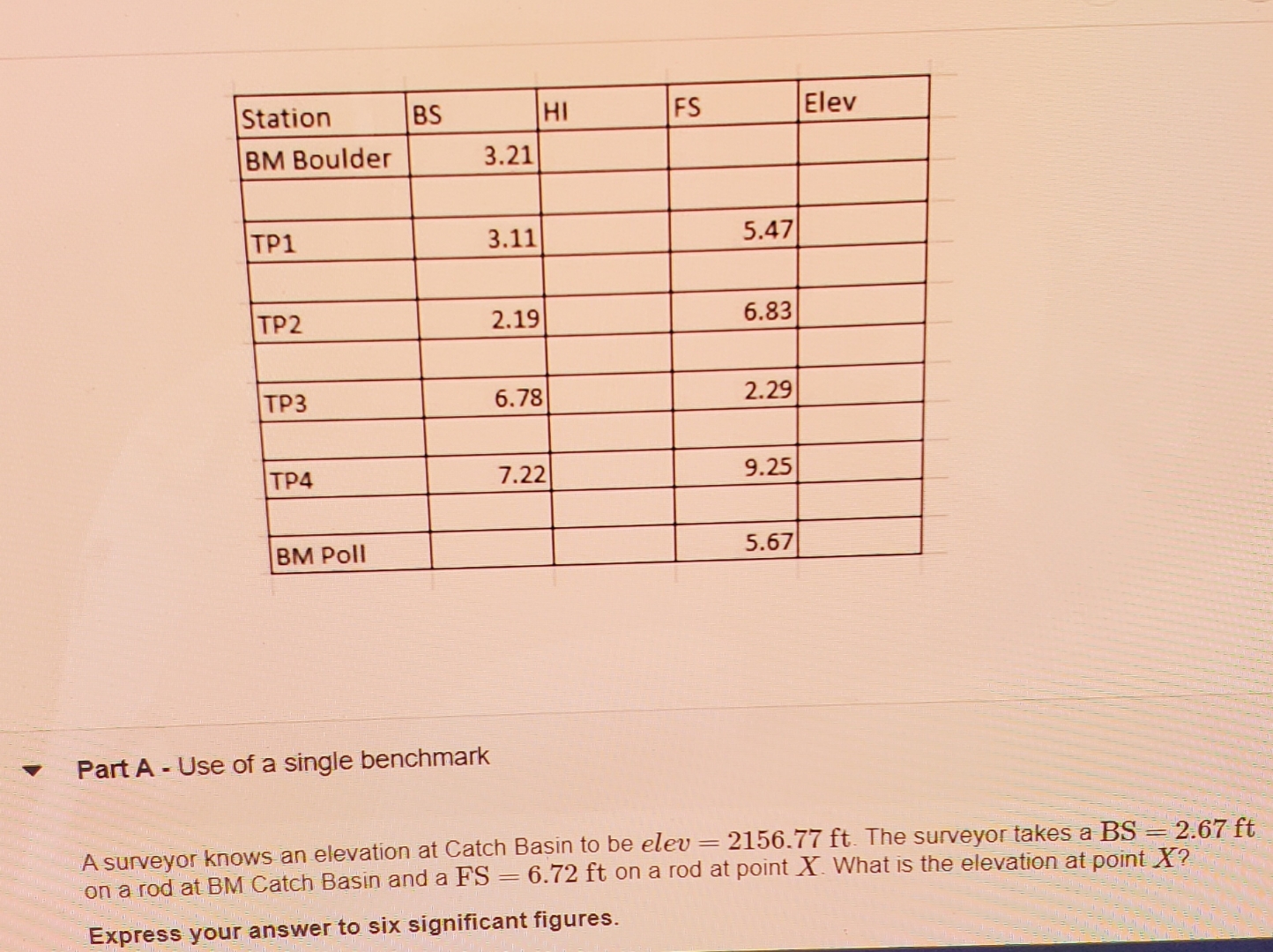 \ table [ [ Station , BS , HI , FS , Elev ] , [