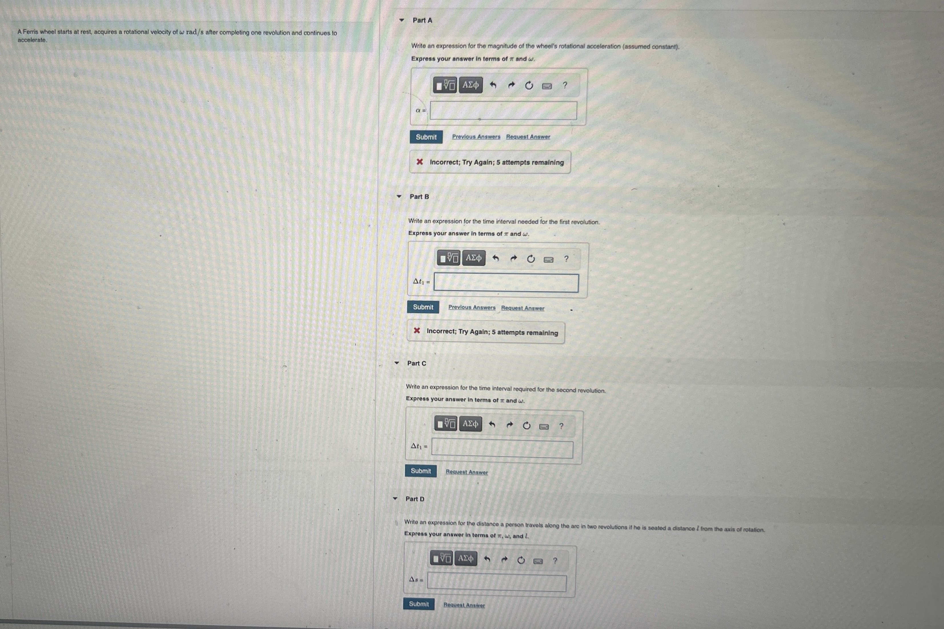 A Ferris wheel starts at rest, acquires a