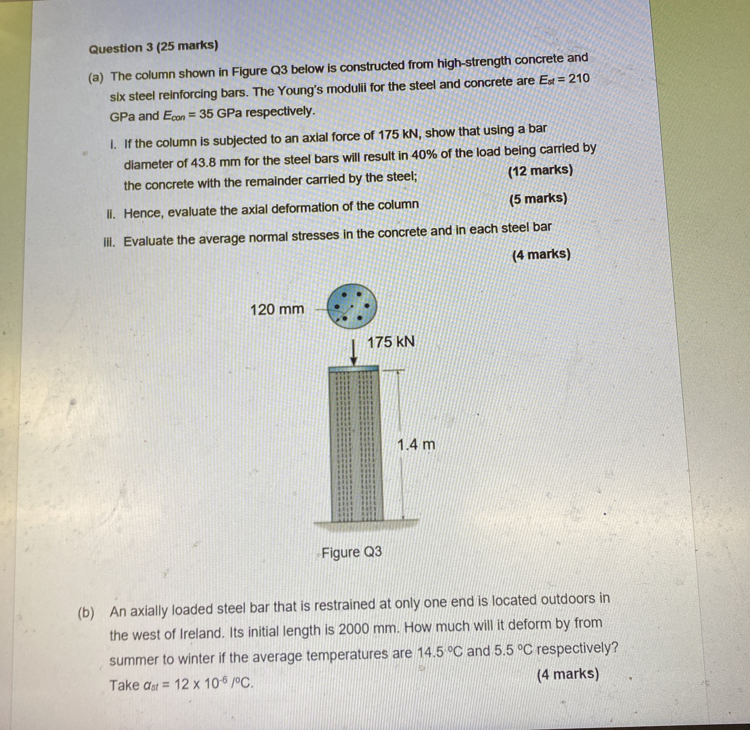 Question 3 ( 2 5 marks ) ( a ) The column shown