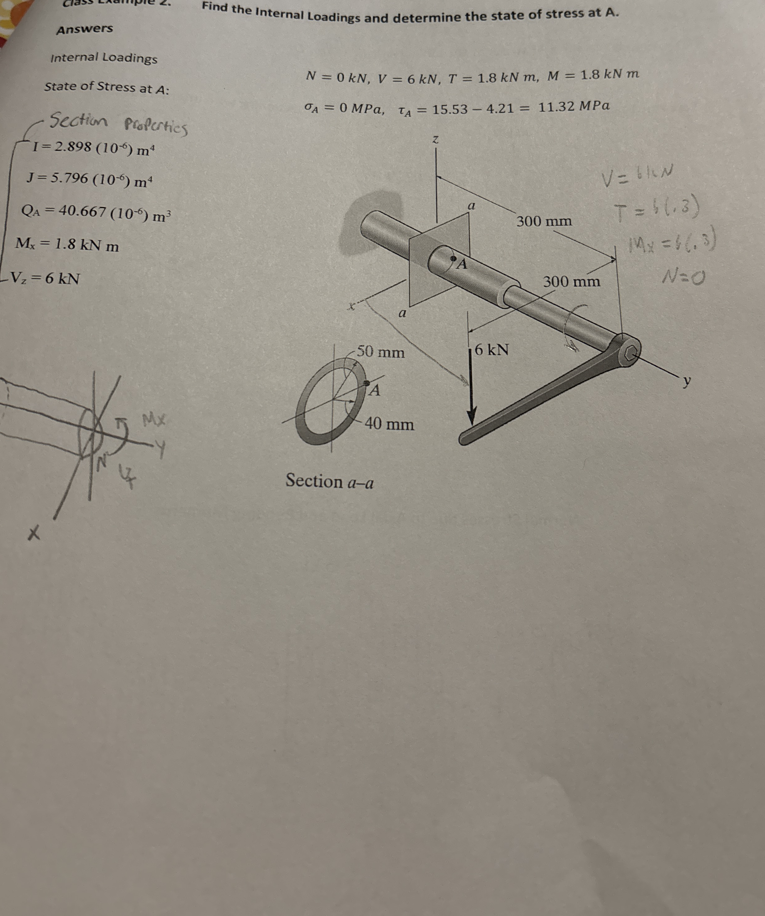 Answers Internal Loadings State of Stress at A: