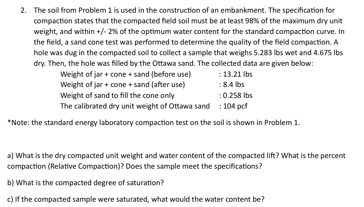 The soil from Problem 1 is used in the