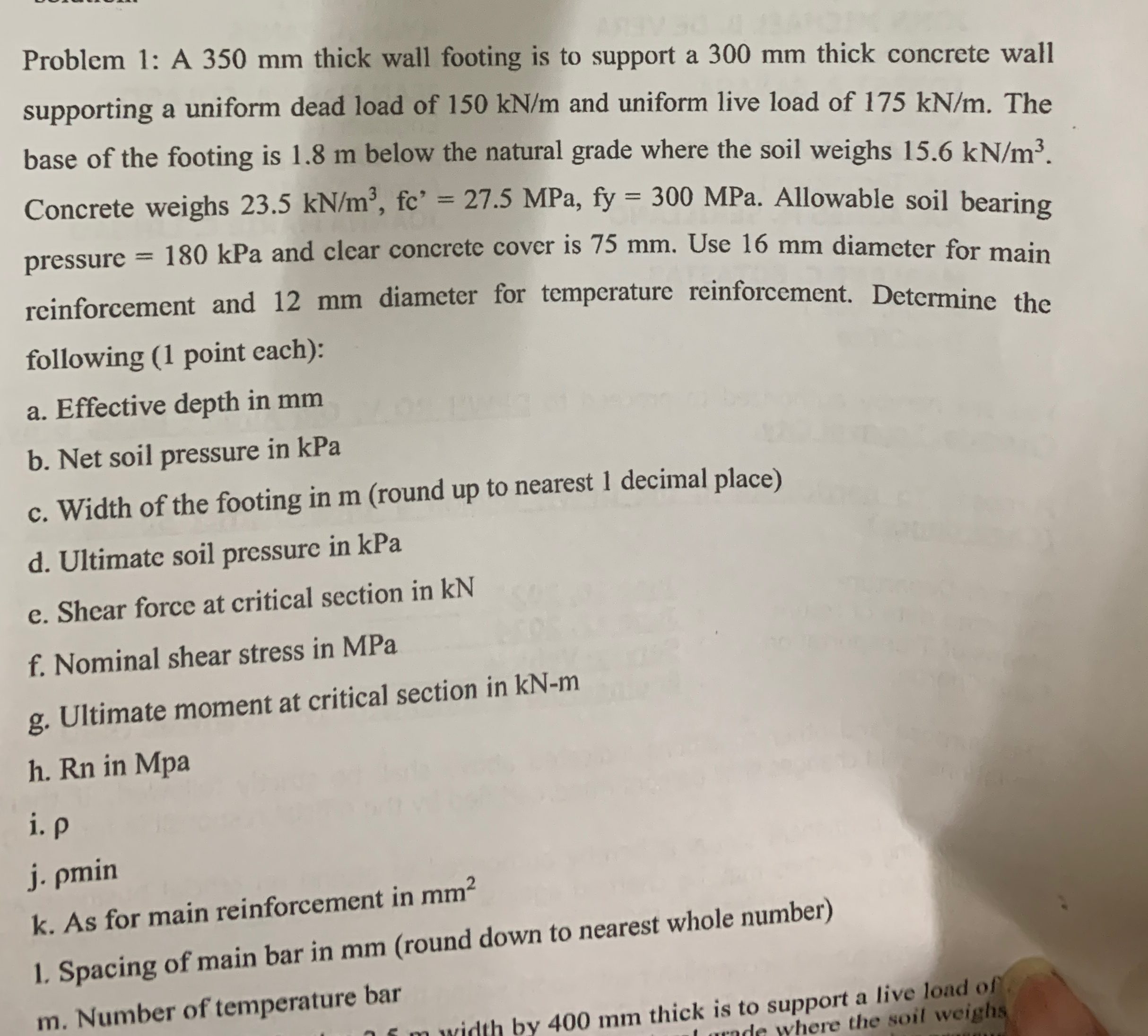 Problem 1 : A 3 5 0 mm thick wall footing is to