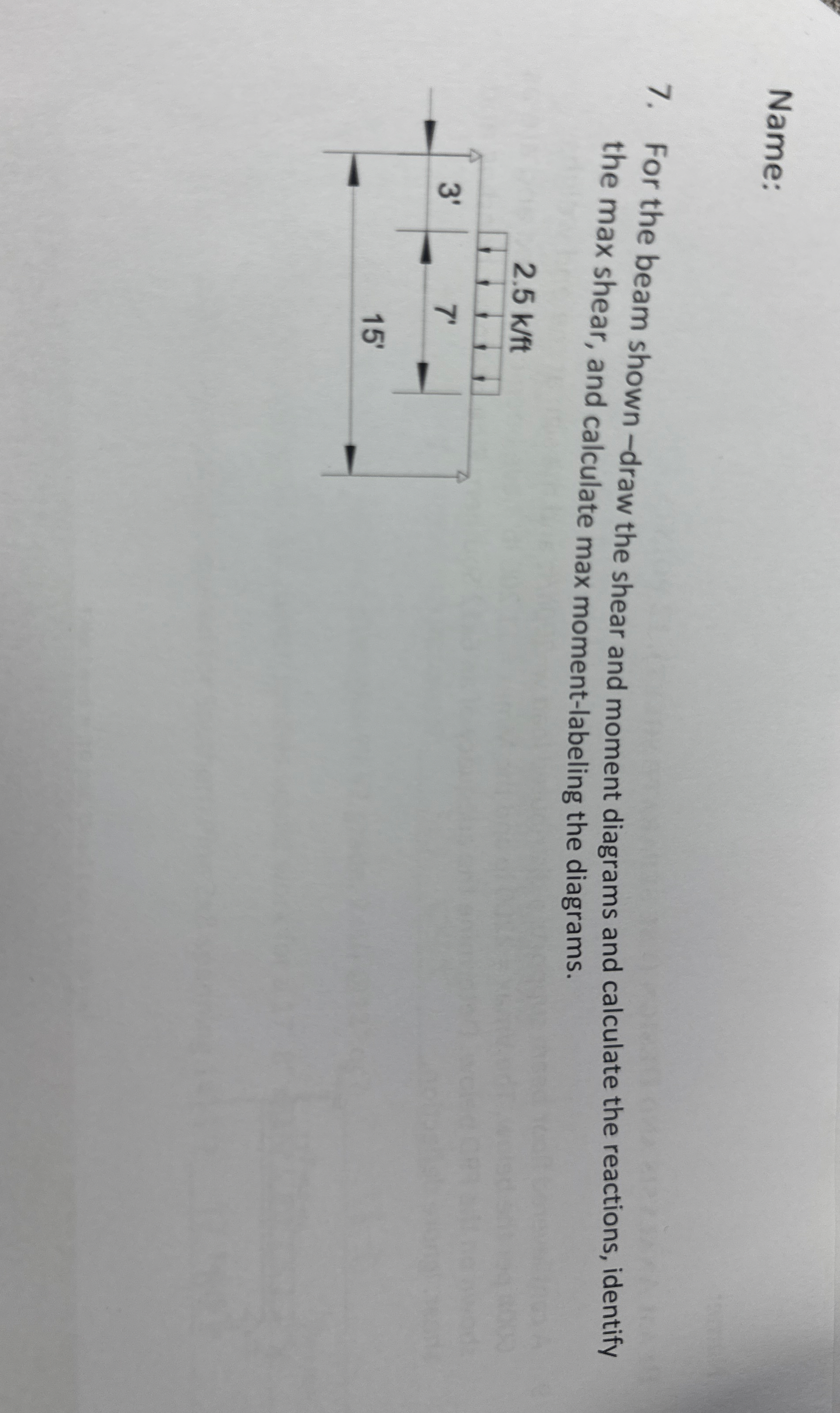 Name: 7 . For the beam shown - draw the shear and