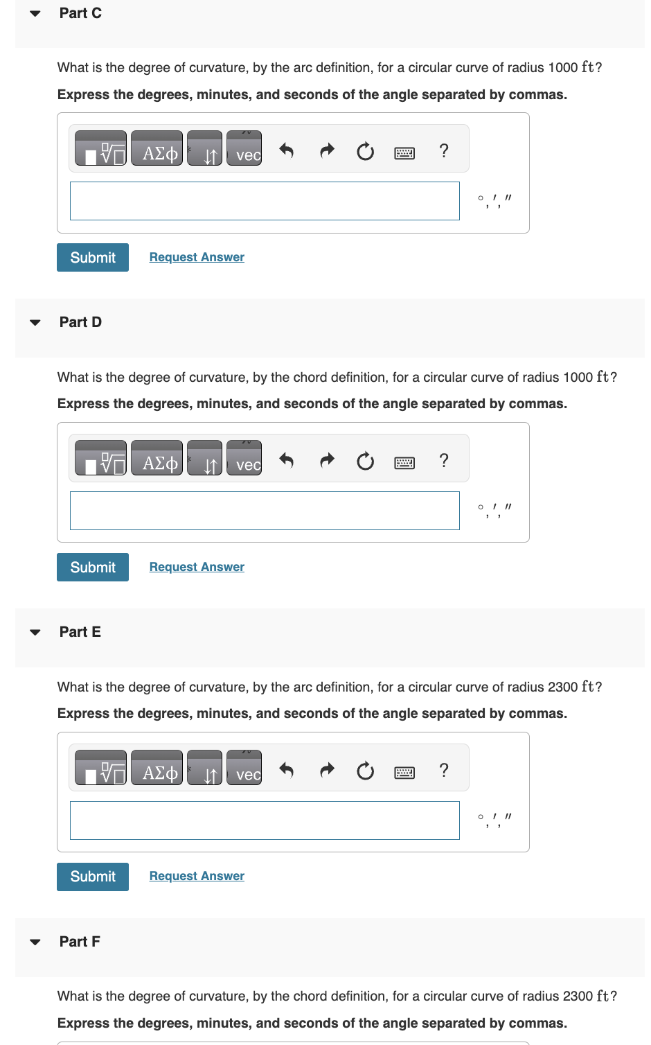 What is the degree of curvature, by the arc