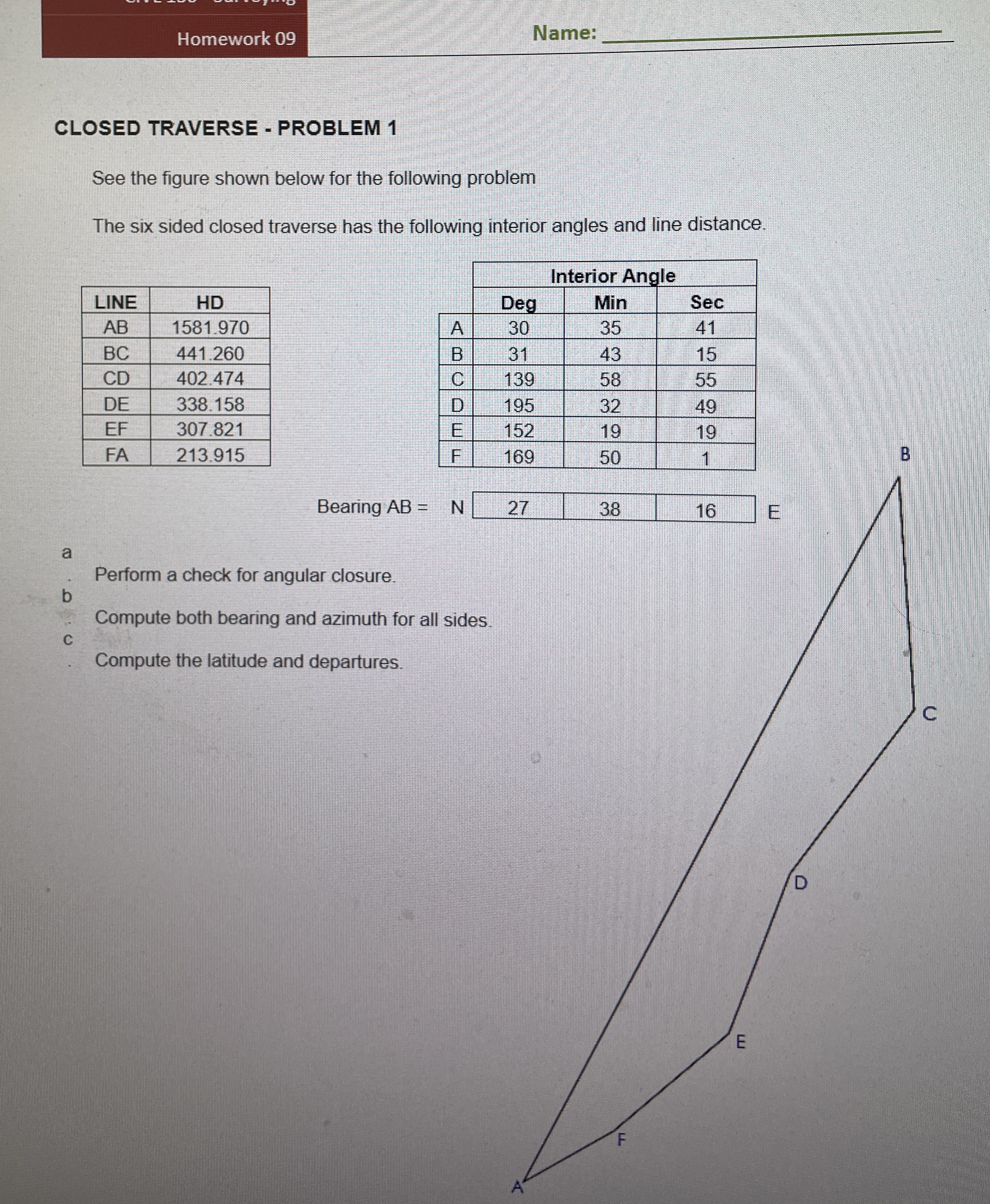 Homework 0 9 Name: CLOSED TRAVERSE - PROBLEM 1