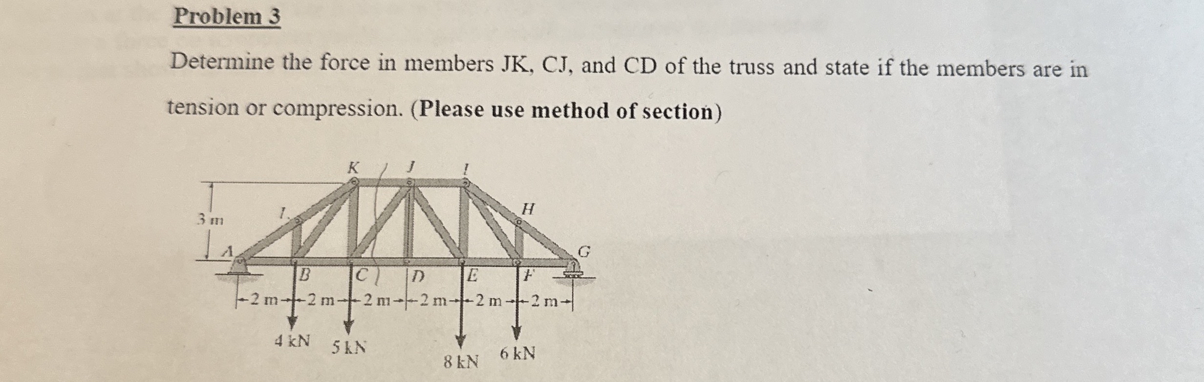 Problem 3 Determine the force in members JK , CJ
