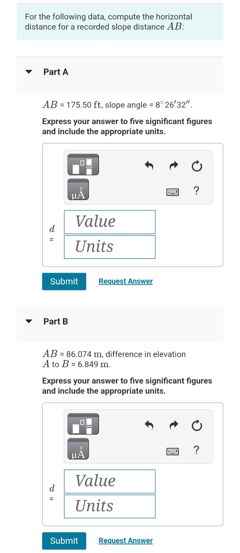 For the following data, compute the horizontal