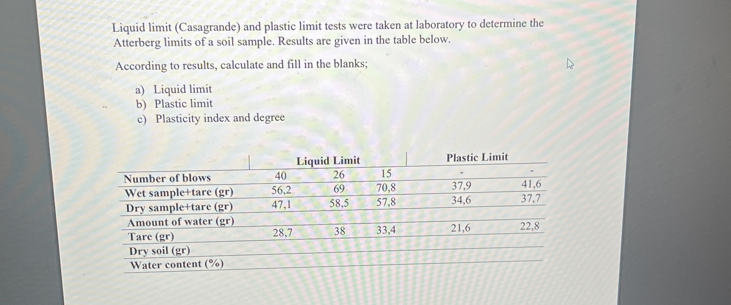 Liquid limit ( Casagrande ) and plastic limit