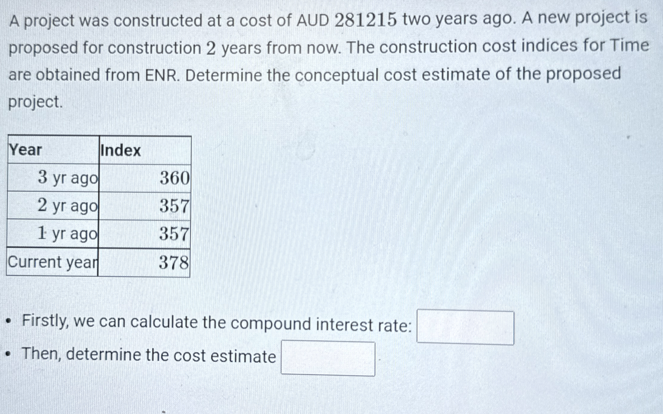 A project was constructed at a cost of AUD 2 8 1