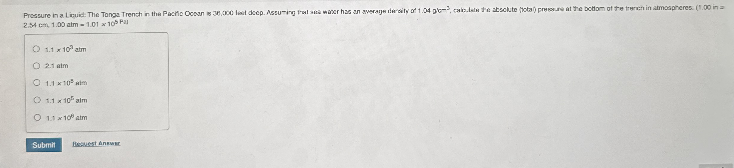 2 . 5 4 c m , 1 . 0 0 atm = 1 . 0 1 1 0 5 P a ) 1