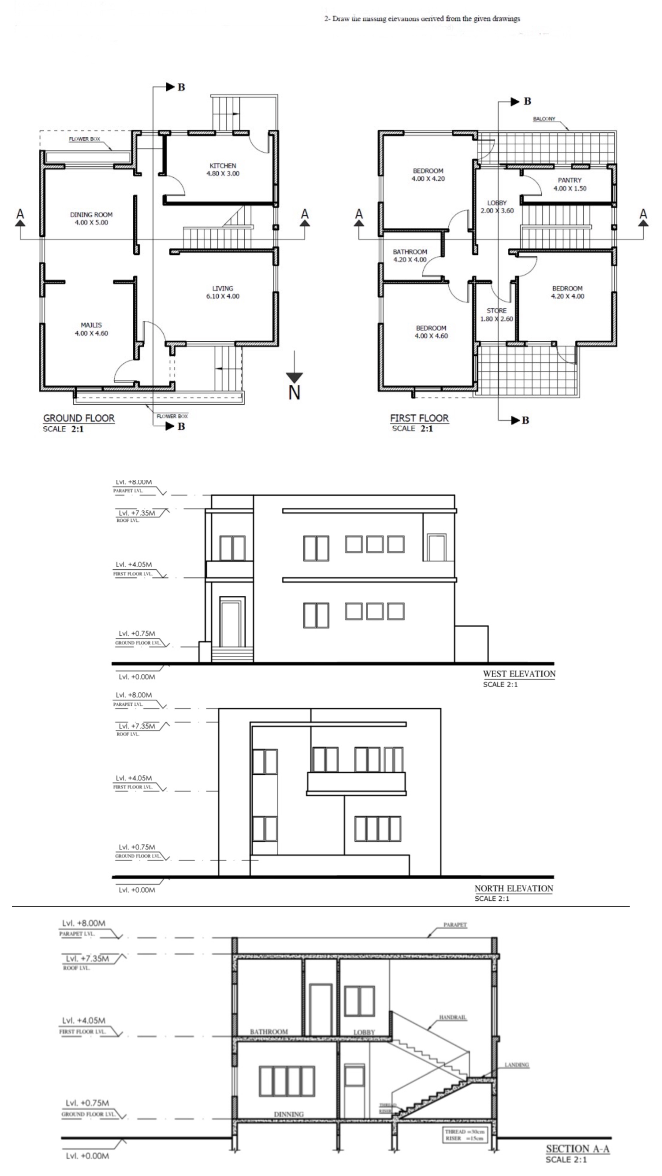 2 - Draw the missing elevauons cerived from the