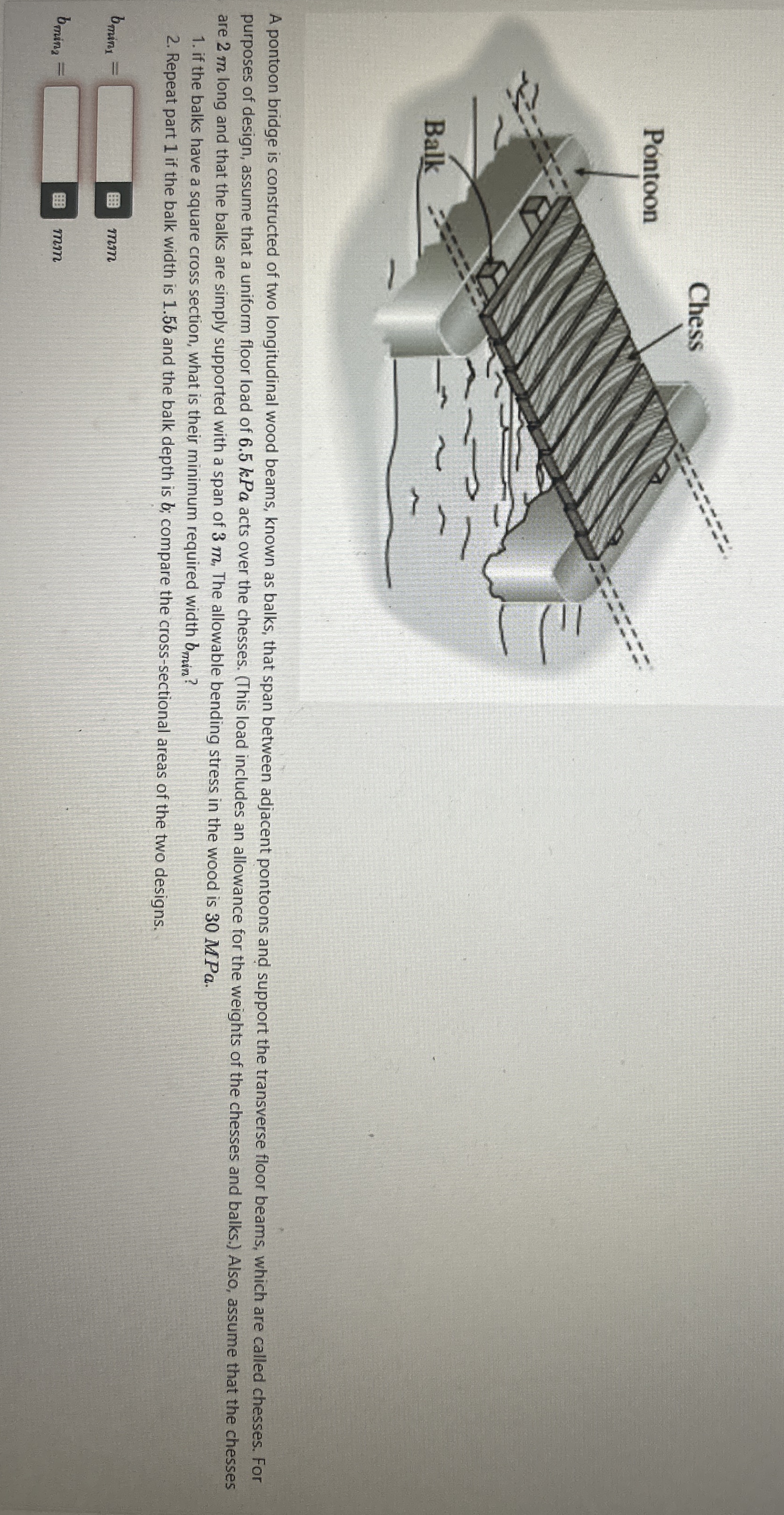 A pontoon bridge is constructed of two