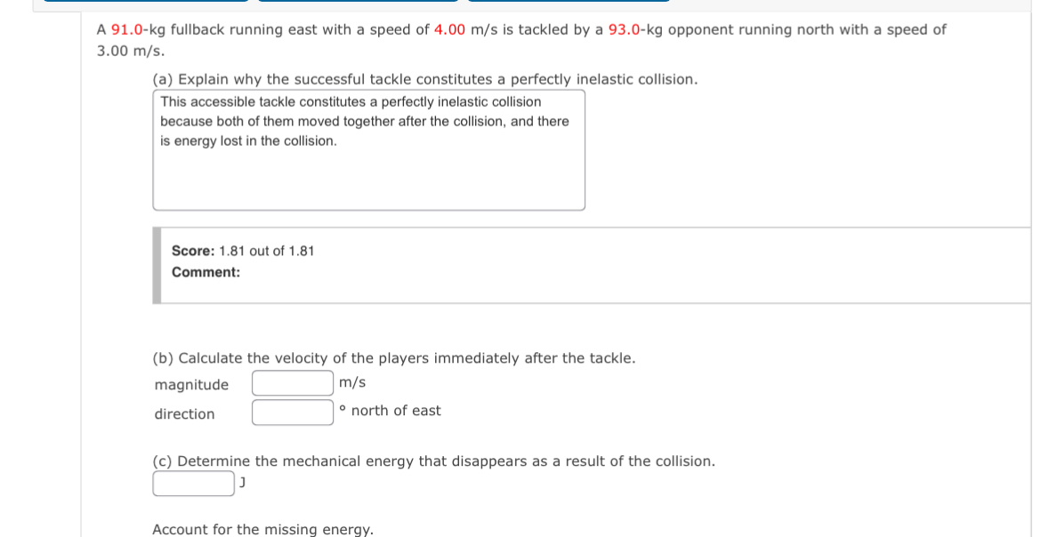 A 9 1 . 0 - kg fullback running east with a speed
