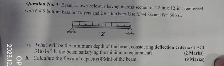 Question No . 3 . Beam, shown below is having a