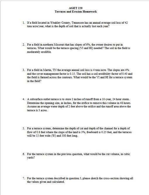 AGET 2 2 0 Terraces and Erosion Homework 1 . If a