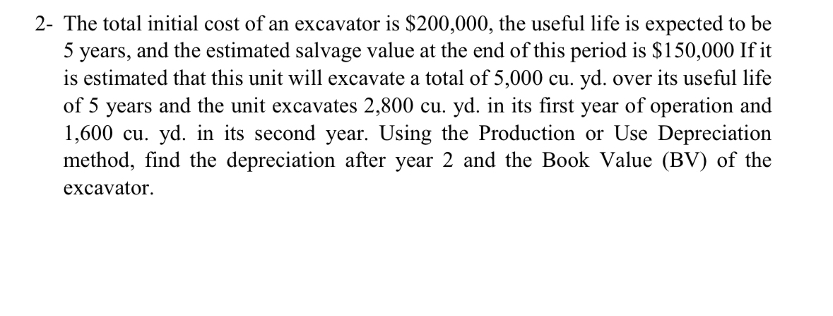 2 - The total initial cost of an excavator is $ 2