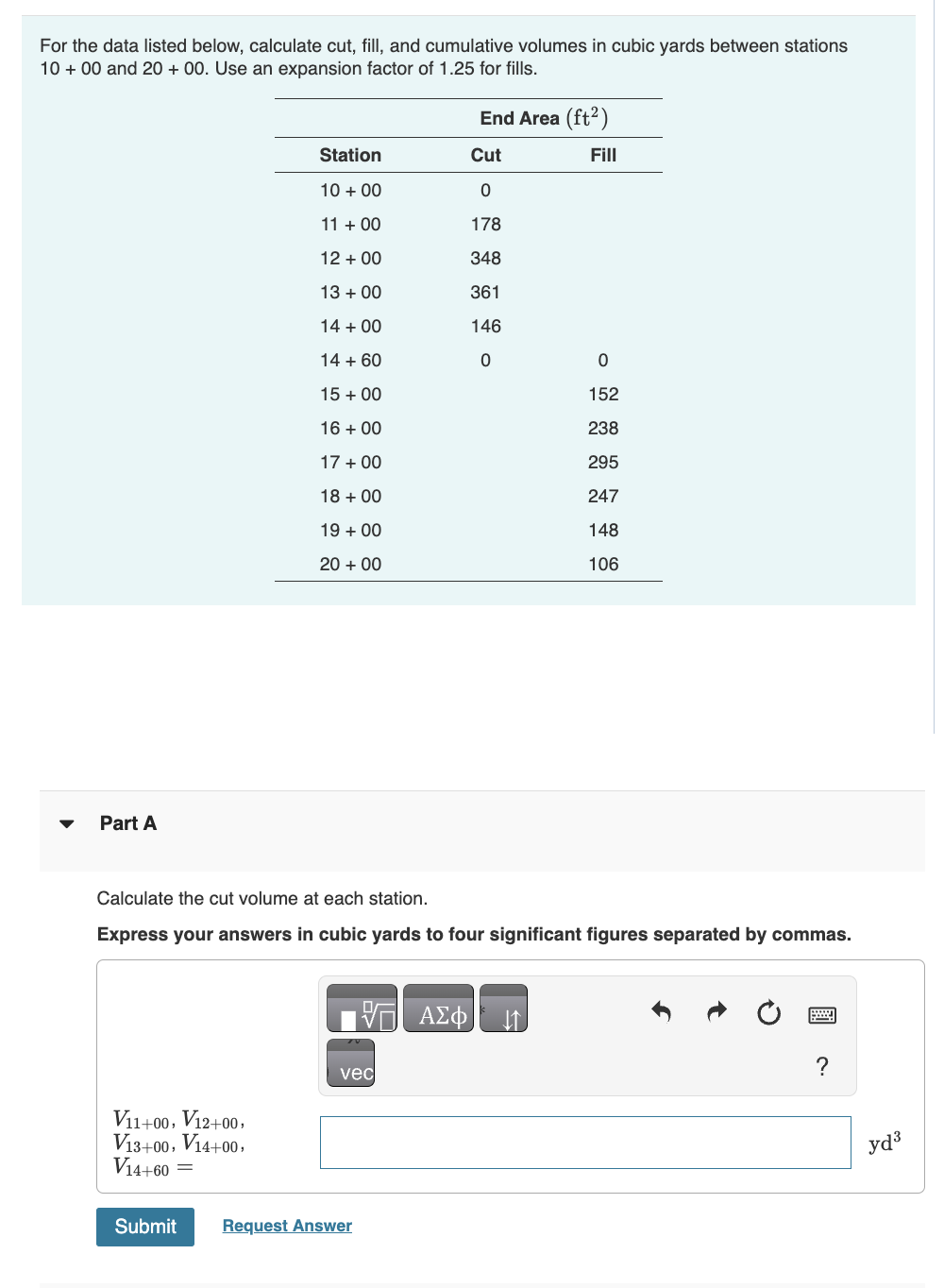 For the data listed below, calculate cut, fill,