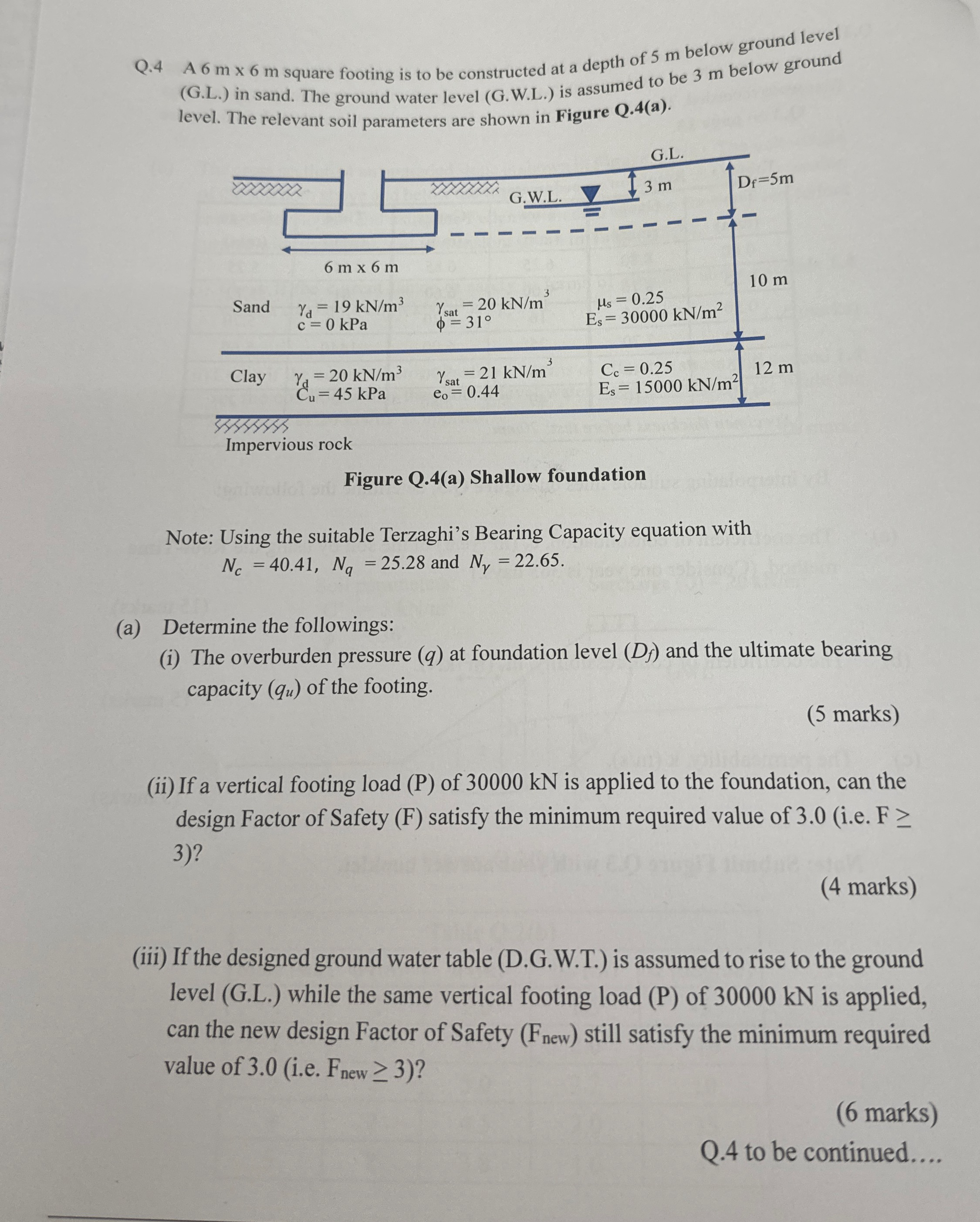 Q . 4 A 6 m 6 m square footing is to be